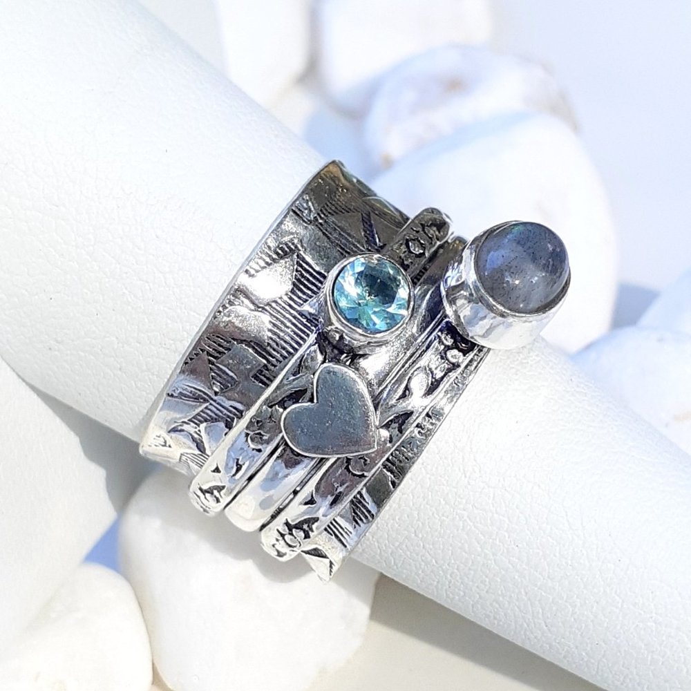 925 Sterling Moonstone & Sapphire Spinner Ring - Picture 11 of 11